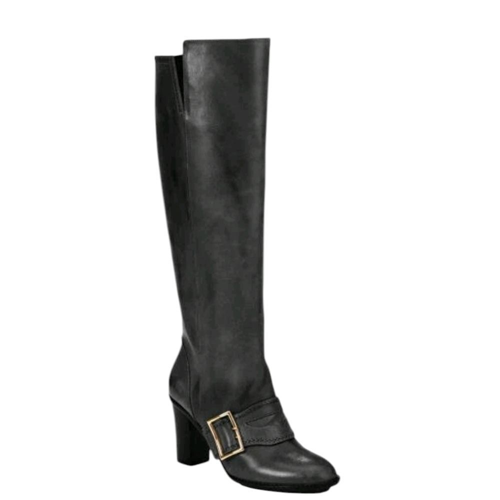 DEREK LAM Rupert LeatherβKnee High Buckle Boots Black Heels Italian 7.5